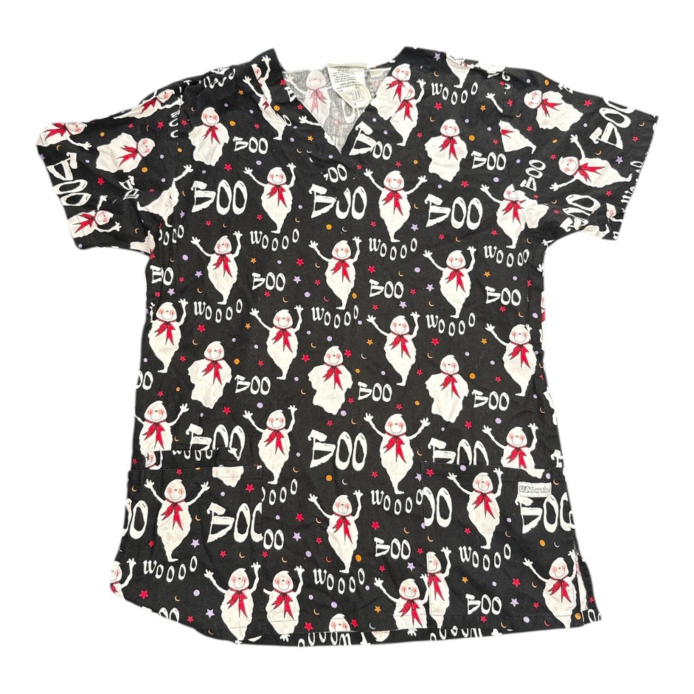 UA Scrubs Halloween Ghost Boo Print Scrub‎ Top V Neck Short Sleeve Size S